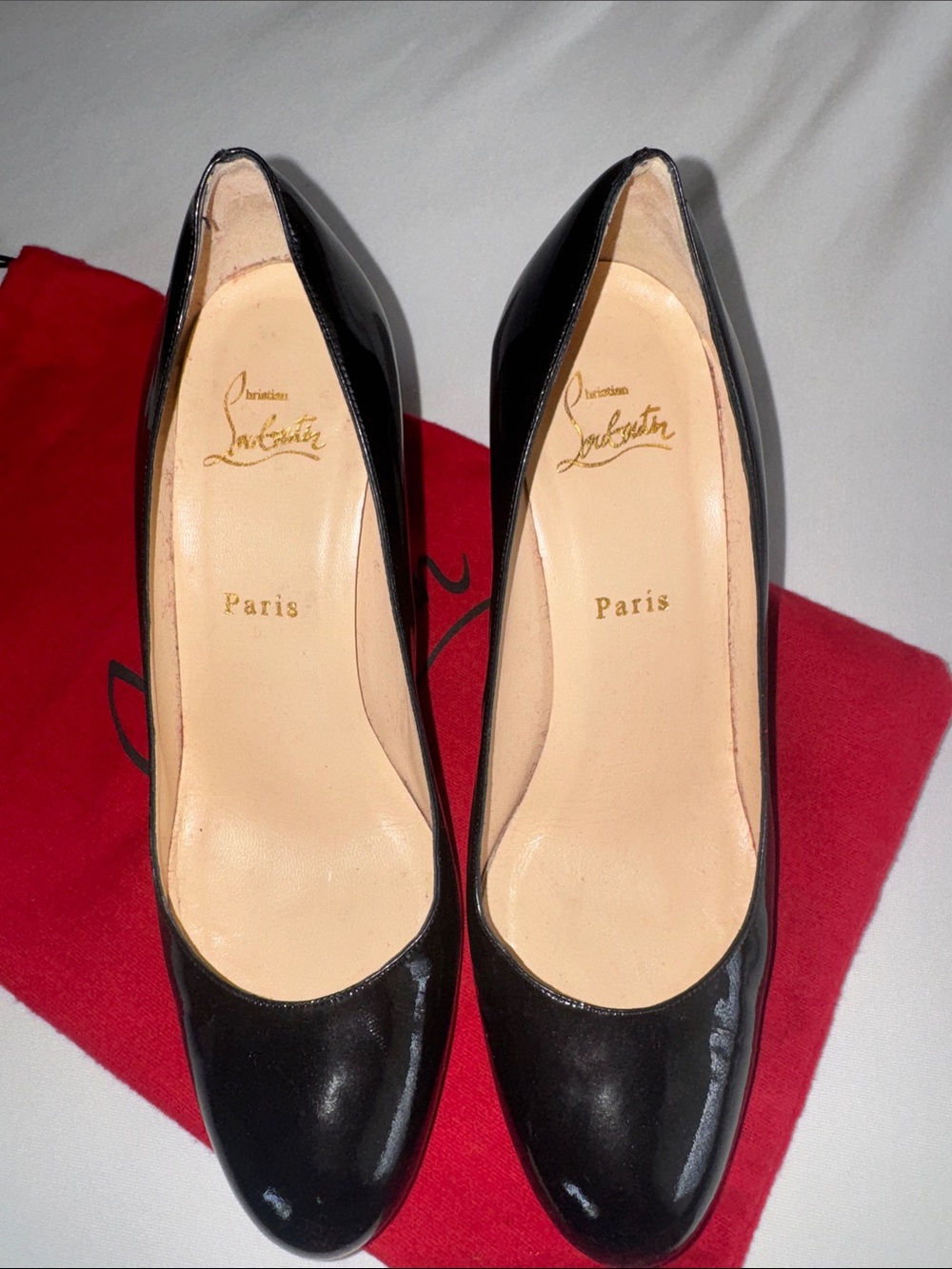 Christian Louboutin Black Patent Round-Toe Pumps with Red Dust Bag